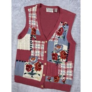 Vintage‎ Hand Knit Sweater Vest Women XL Pink Floral Ashley Button Up Grandma